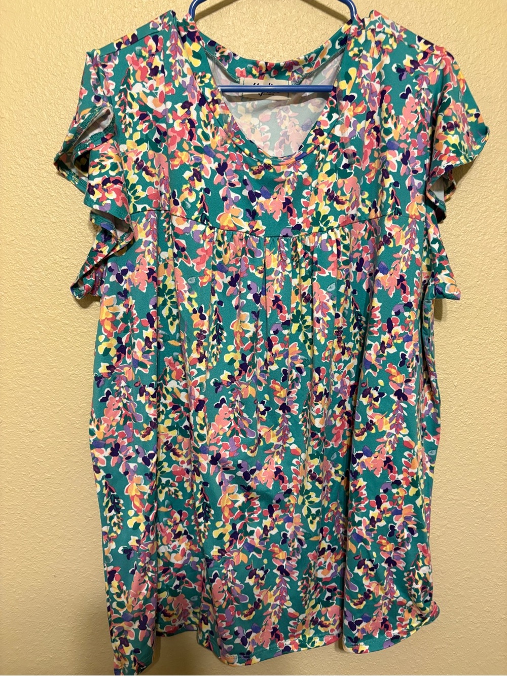 Floral Flutter Sleeve Women's Top - Teal Multi
